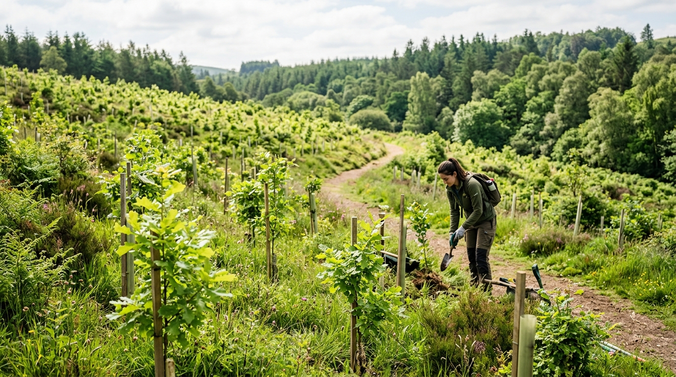 Reforestation project with young tree plantings in natural sunlight