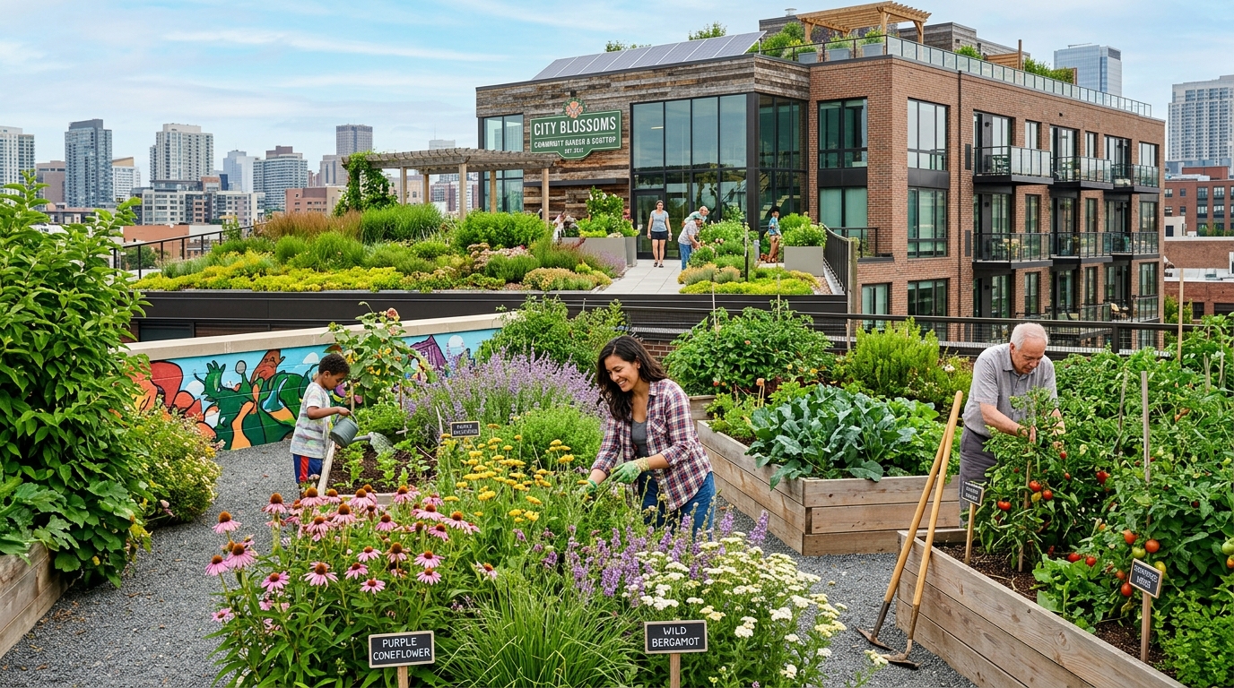 Urban rooftop garden with diverse native flowering plants